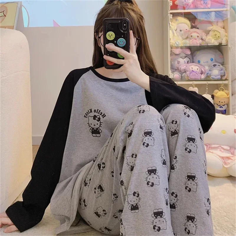 

Cartoon Printed HelloKitty Cute Pajamas for Women in Autumn New Gray Sanrios KTCat Long Sleeved Home Clothing Set Girl Gift