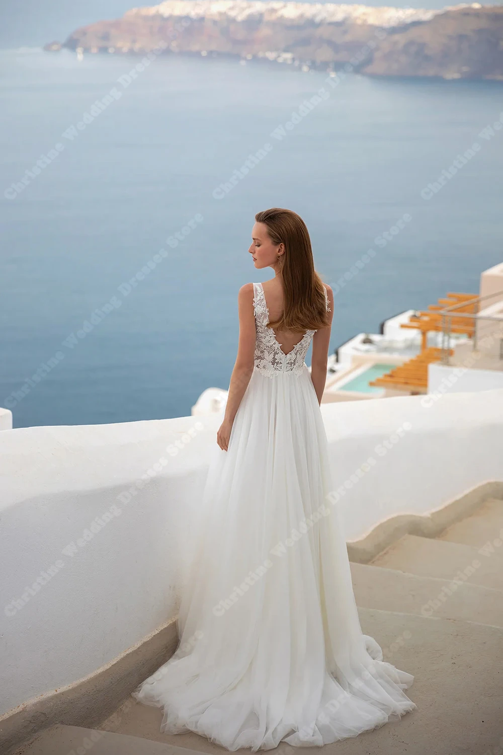 فساتين زفاف أنيقة على شكل حرف a للنساء مثيرة على شكل حرف v بدون أكمام من التل فستان العروس الرسمي للحفلات الأميرة فيستدوس دي نوفيا مخصص