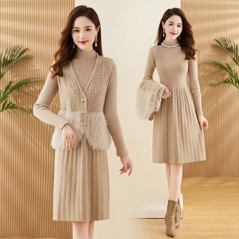 Two Piece Knitted Women's Autumn Winter New Fashion Temperament Covering Flesh Showing Thinness Adding Thick Velvet Dress Suit