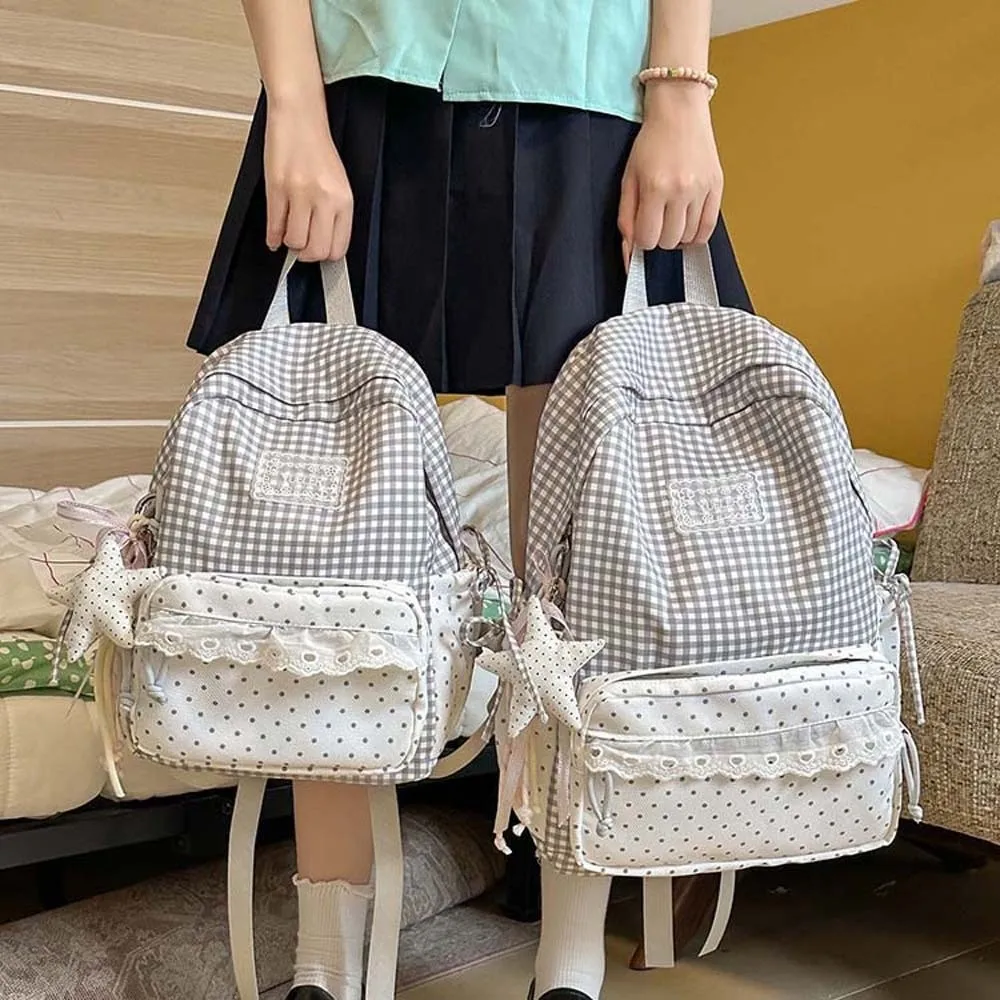 Korean Style Plaid Backpack Pastel Color Ruffle Design Lace Schoolbag Zipper Closure Lightweight Gingham Daypack School Students