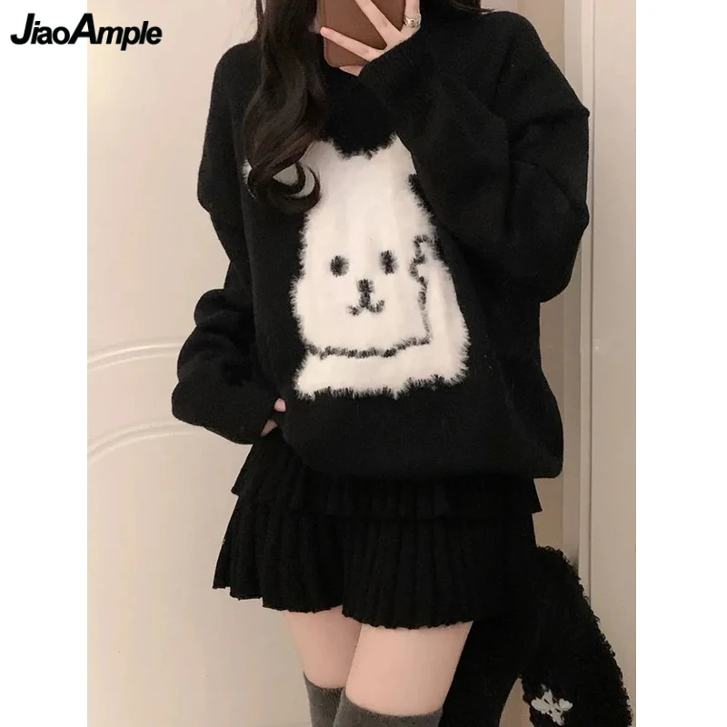 Women Autumn Winter Cute Rabbit Black Sweater Mini Skirts 1 or 2 Piece Set 2023 New Korean Lady Cartoon Knit Tops Skirt Outfits