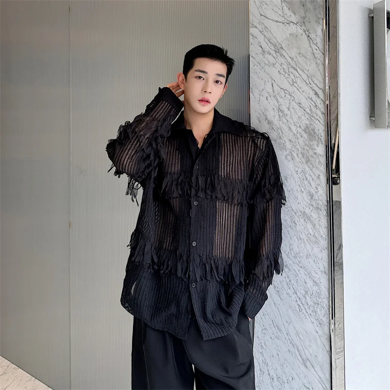 

Retro Spring Summer Men's Long Sleeve Shirt Asymmetrical Fringe Design Korean Style Floral Elegant Handsome Trendy Sunsc...
