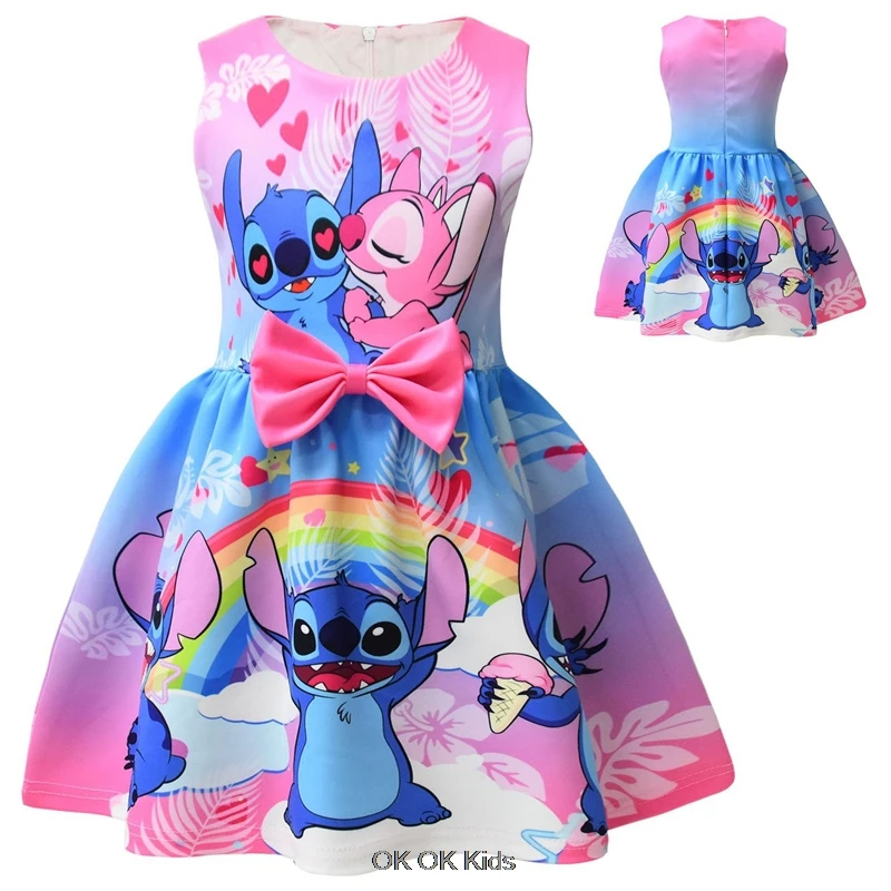 Summer Lilo And Stitch Junior Girl Princess Teenager Girl Bow bambini Girl Flying Sleeve Prom Dress Party Clothes