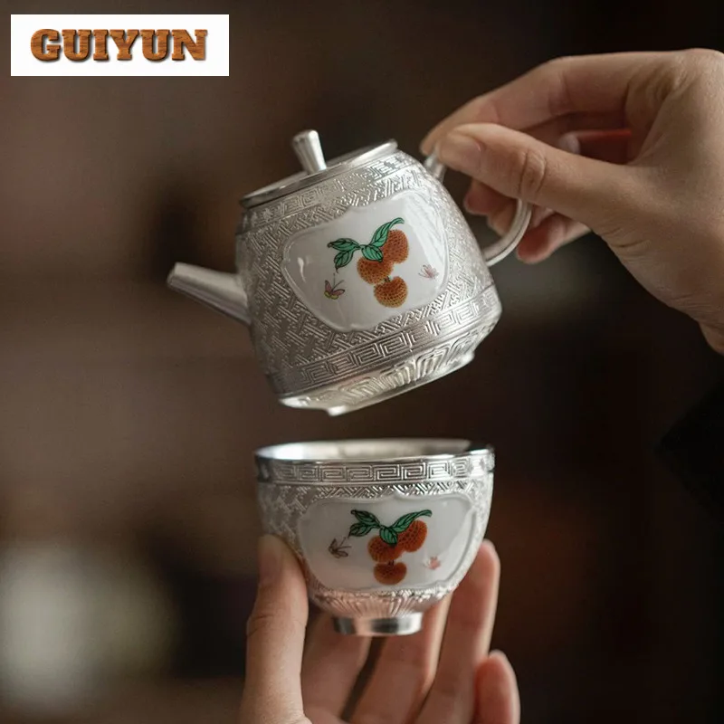 999 Pure Silver Gilded Lychee Ceramic Tea Set Complete Set Handmade Tea Ceremony Set Teapot and Tea Cup Set Teaware Decoration