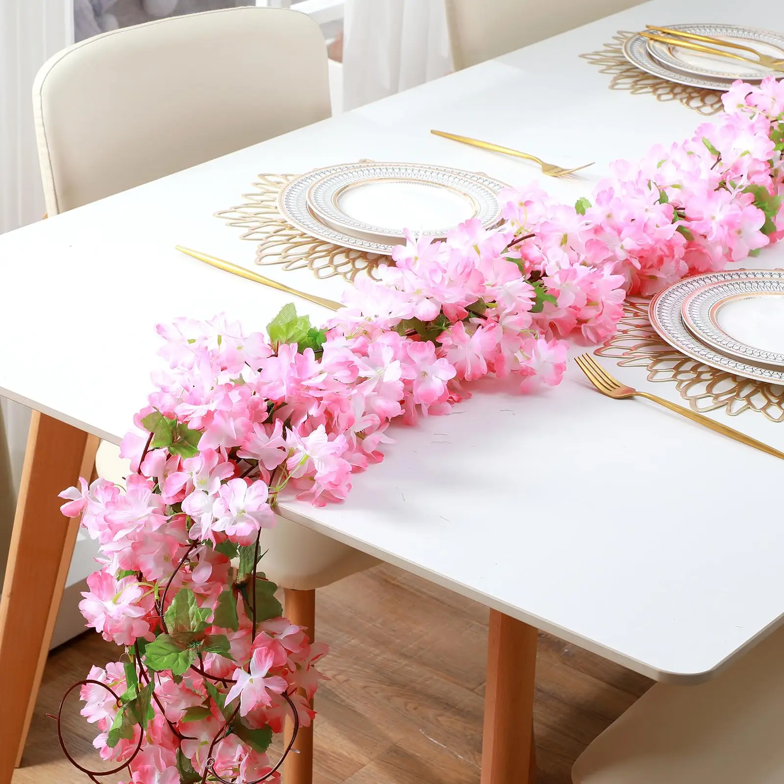 4 قطعة زهرة الكرز الاصطناعية فاينز الكرز معلقة جارلاند زهرة الوردي مع أوراق خضراء لديكور غرفة حفلات الزفاف