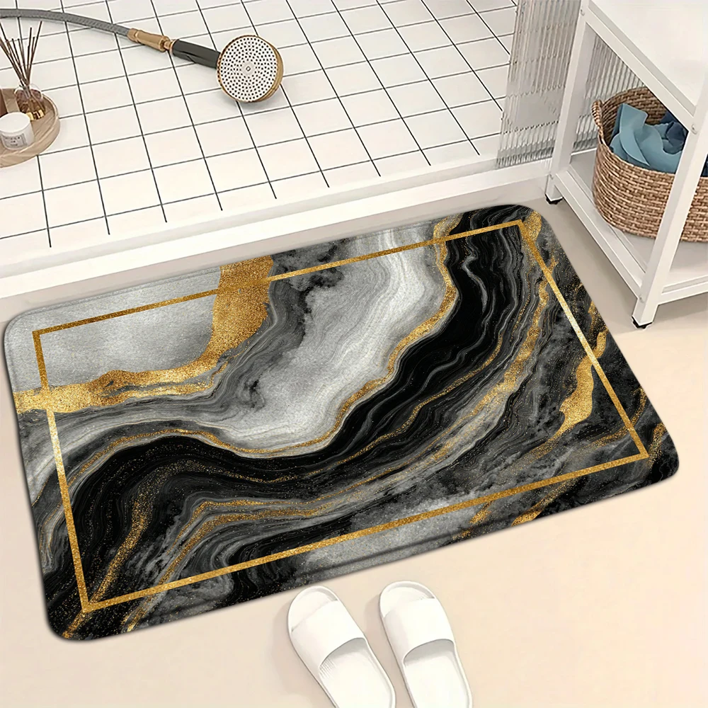 Modern Black Gold Area Rug Minimalist Frame Carpet Luxury Elegant Floor Mat Print Entrance Door Mat Bathroom Foot Mat Decoration