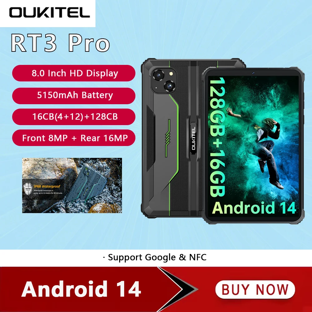 Oukitel RT3 PRO 4G Rugged Tablet 8 Inch HD 4GB 128GB Smart Pad 5150mAh 16MP IP68 &IP69K Waterproof Tablets PC Android 14 NFC