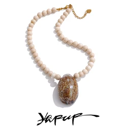Yhpup Ocean Handmade Fossiln Beads Chain Conch Big Pendant Necklace High-Grade Summer Stainless Steel Jewelry Gift