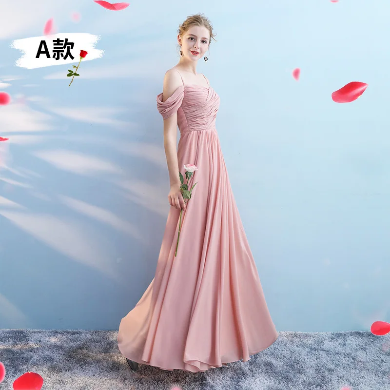 Vestido de dama de honra rosa chiffon para mulheres, decote em v, ombro, linha A, simples, elegante, regresso a casa, graduação, diário