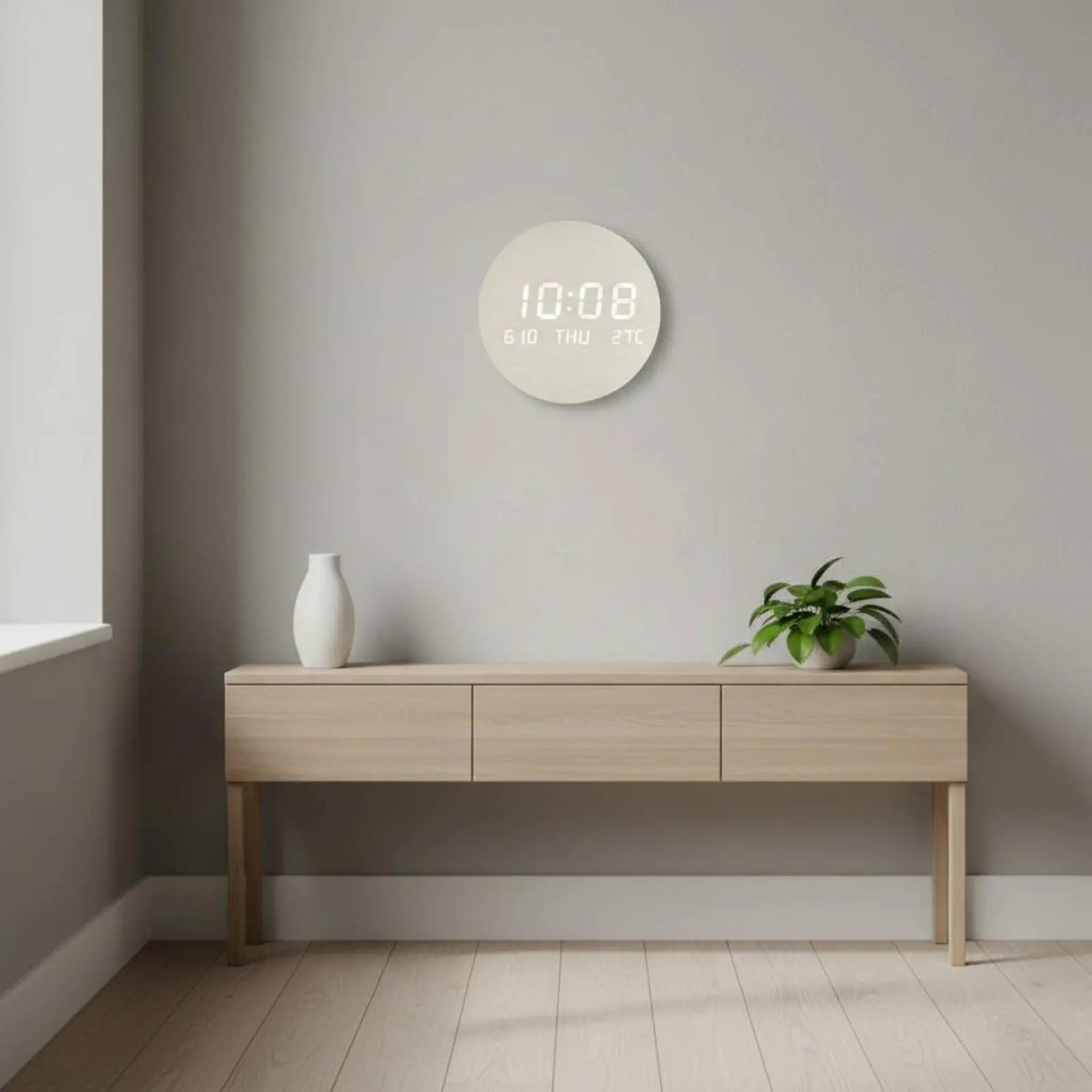Round LED Wall Circular Timepiece Temperature Display Wooden LED Wall Circular Timepiece Home Decor 12/24 Hour Switch Room