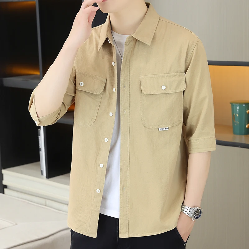 

Мужская летняя повседневная хлопковая рубашка с коротким рукавом в винтажном американском стиле, длиной до колена, дышащая, молодежная, трендовая, стандартного кроя