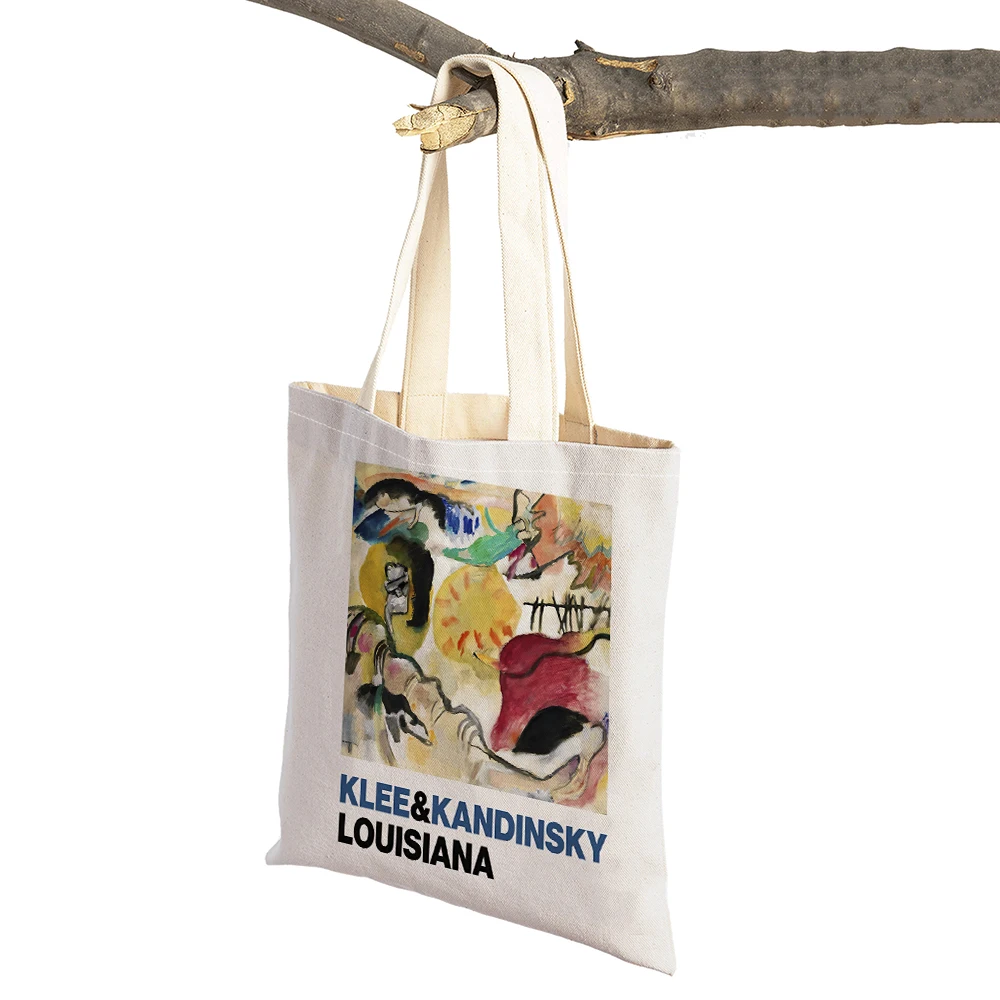 Kandinsky Watercolor Abstract Modular Cat Lady Tote Handbag Linen Women Shopping Bags Double Print Fashion Shopper Bag