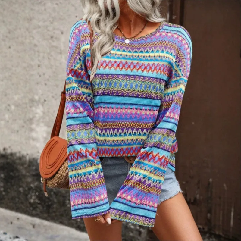 Women's Boho Rainbow Striped Crochet Knit Jumper Crew Neck Long Sleeve Hollow Out Pullover for Fall Daily Casual Wear