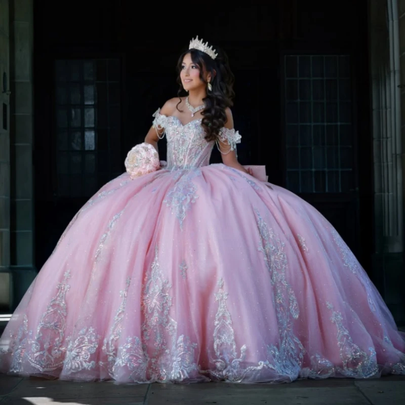 Pink Glitter Quinceanera Dresses Off Shoulder Ball Gown Sweet 16 Dress Applique Lace Beading Bow Tiered Tull Corset Party Birthd