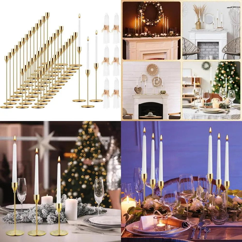 

Gold Candlestick Holders Set of 24 for Taper Candles, Metal Tall Pillar Candle Stands, Wedding Table Centerpiece, Bulk Candle Ho