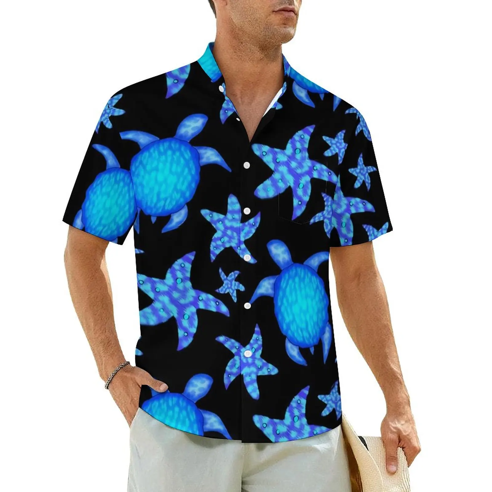 

Blue Turtles Hawaii Shirt For Mens Vacation Starfish Print Casual Shirts Short Sleeves Street Graphic Elegant Oversize Blouses