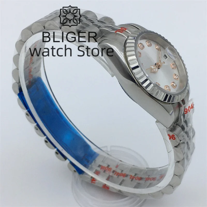 BLIGER 26mm Silver Mechanical Women\'s Watch NH05 Movement White dial Diamond Index Sapphire glass Silver Jubilee Bracelet