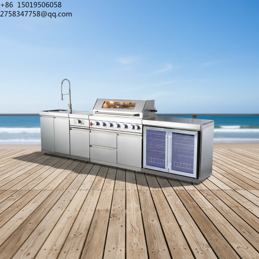 Luxurious Premium Mobile Rolling Grill Griddle Stainless Steel Prefab DIY Cabinet Outdoor Kitchen Island Rotating for Garden