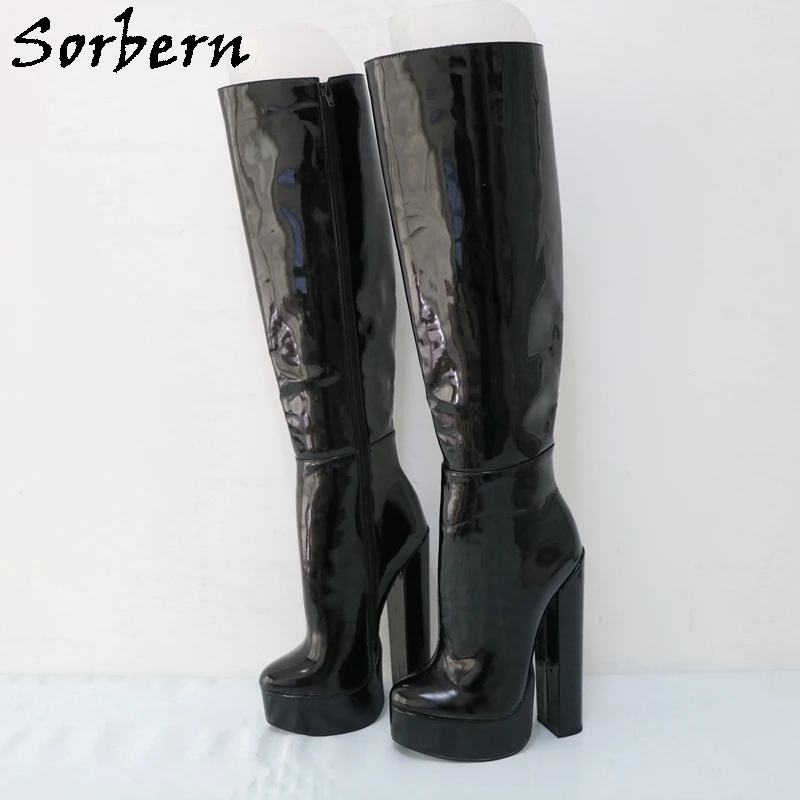 

Sorbern Custom Unisex Style Black Knee High Boots 20Cm Block High Heels Zipper Up Boots Women Big Size Platform High Instep