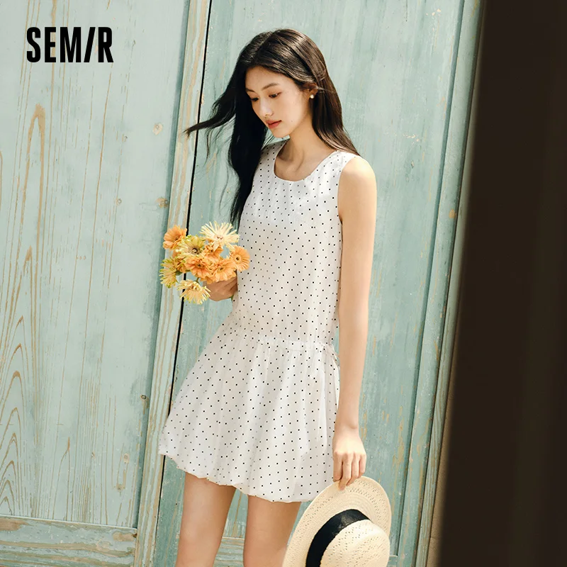 Semir Sleeveless Dress Women Square Neck Drawstring Polka Dot Bubble Skirt 2025 New Summer Cute Playful Style