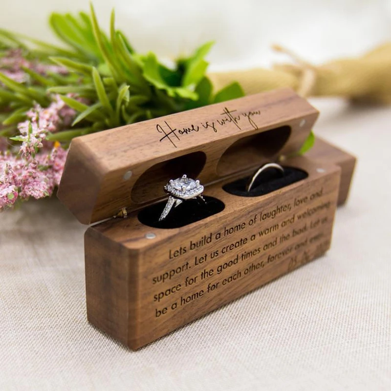 Q0KE Ring Box for Wedding Ceremony Wooden Double Ring Bearer Holder for Wedding Engagement Jewelry Boxes Walnut Holder