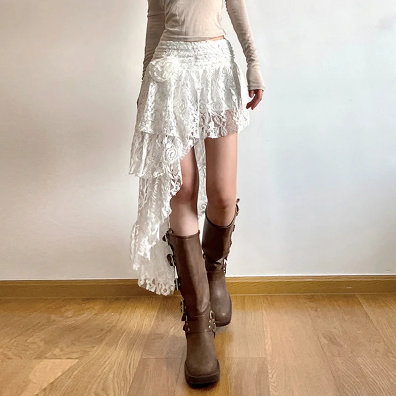 Y2K Asymmetric Skirt Women Summer Lace Splicing Flower Sweet Wind Half Length Short