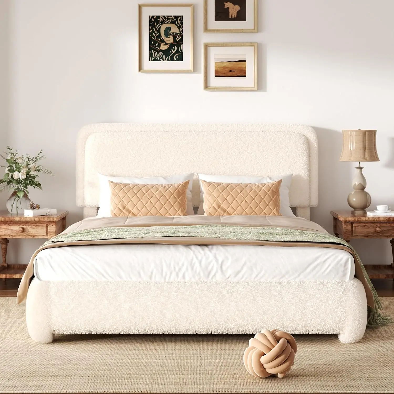 Queen Size Boucle Platform Bed with Adjustable Headboard, Soft Rounded Corners, No Box Spring, Easy Assembly, Customized