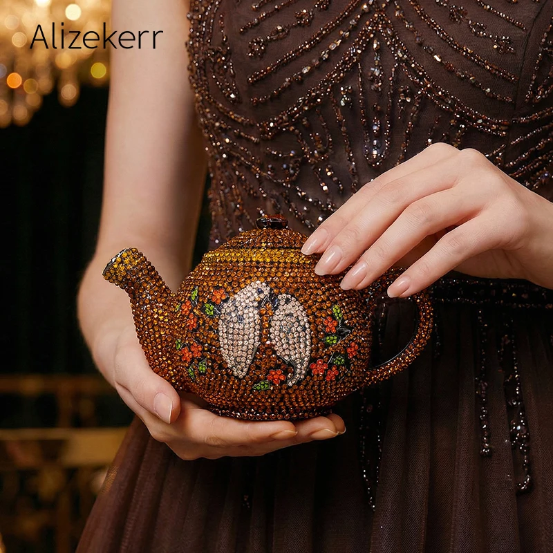 Alizekerr-Bolsos de noche con forma de tetera y diamantes para mujer, carteras y bolsos de mano de Metal con cristales y pájaro único, para fiesta de boda
