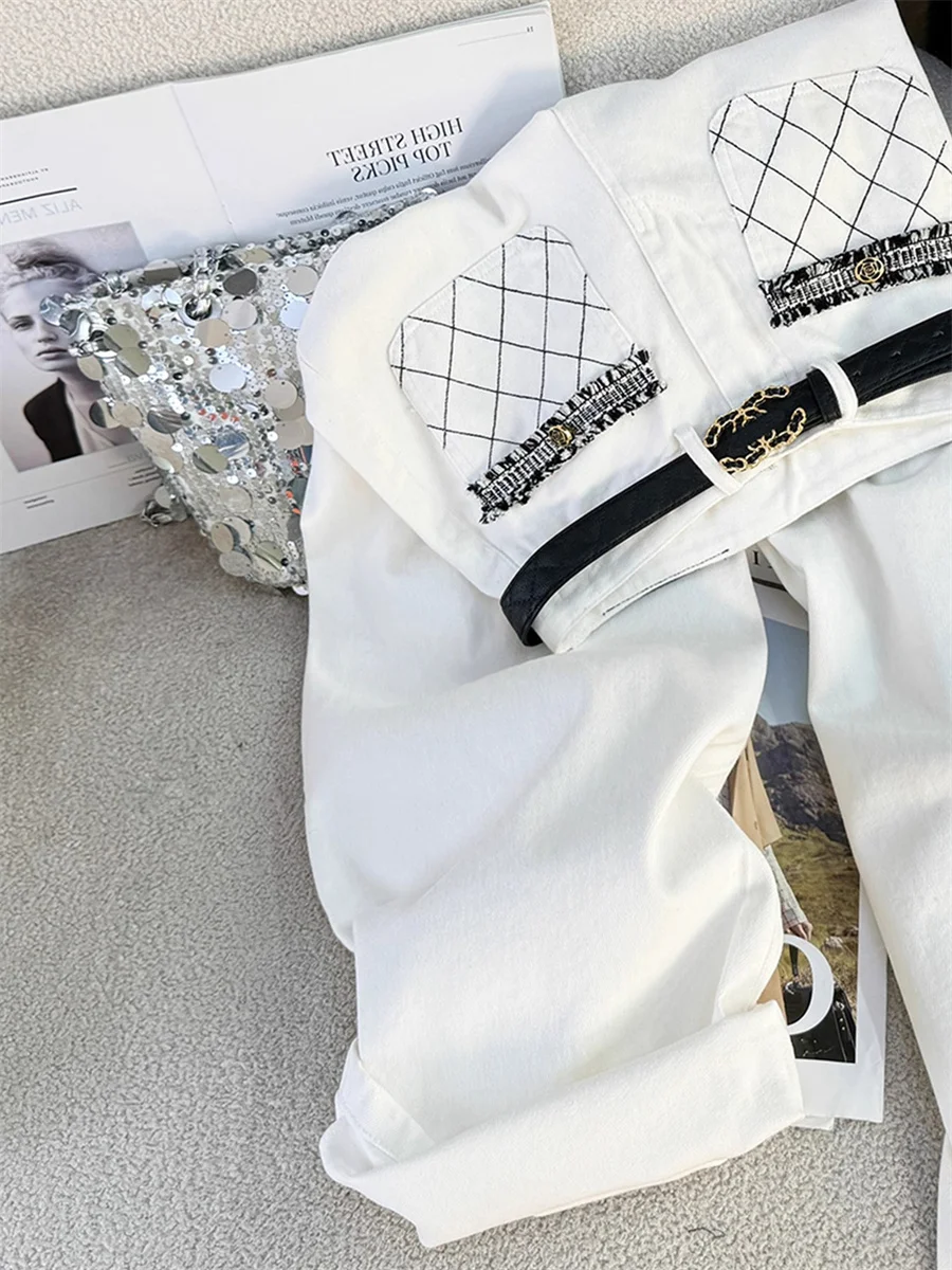 

High Waist Straight Leg Diamond Pattern Patchwork Casual Jeans Women's Spring Autumn Slimming Versatile Wide Leg Pants