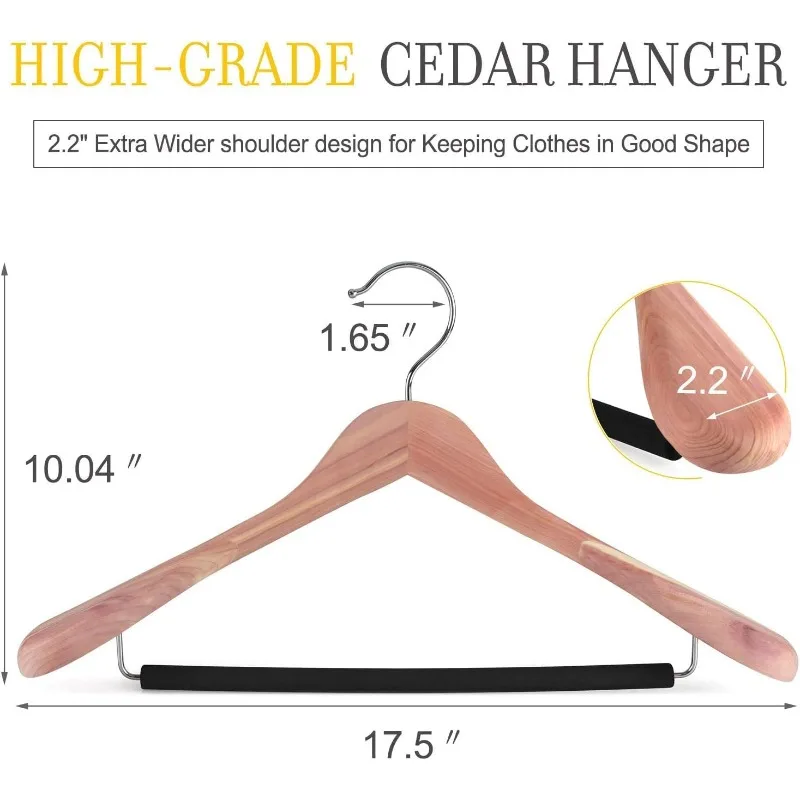 American Red Cedar Wide Shoulder Wooden Hangers 8 Pack, Luxury Wood Suit Coat Hangers with Black Padded Pant Bar-360° Swivel