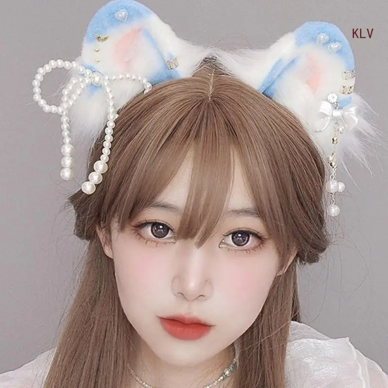 

Ethnic Students Unisex Photoshoots Hairband with Pearl Bowknot Decors Cat Ear Headbands Plush Cartoon Hair Hoop