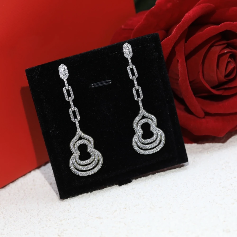 Three-Layer Hollowed-Out Gourd Earrings With Zircon Inlay Symbolize Beauty And Delicate Tassel Design For High-Quality Gifts