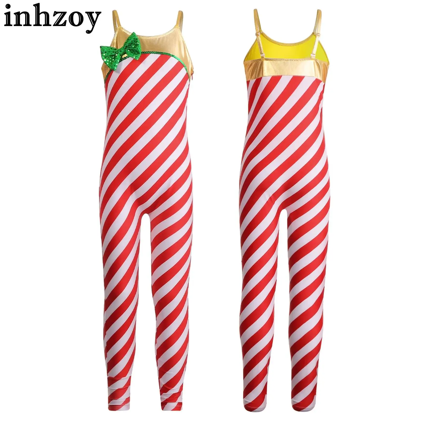 Kids Girls Christmas Dance Costume Candy Cane Jumpsuit Sleeveless Striped Ballet Gymnastics Leotard Stage Performance Bodysuit