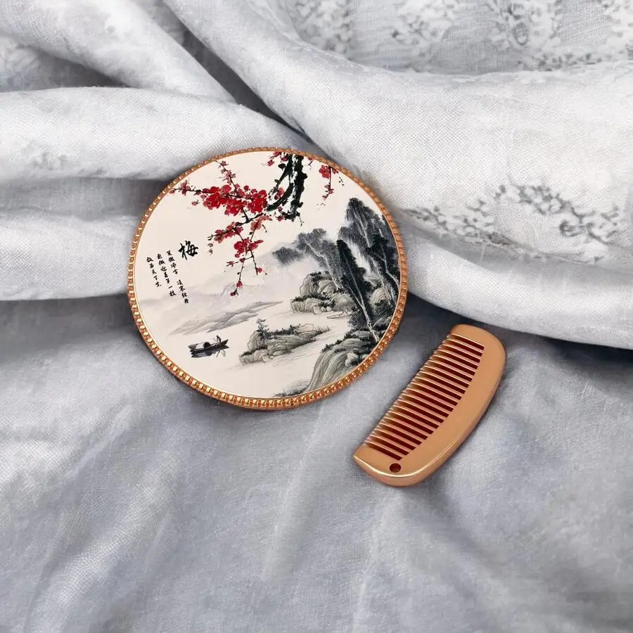 Handheld makeup mirror, durable comb set, circular fan-shaped makeup mirror, beautiful touch up mirror