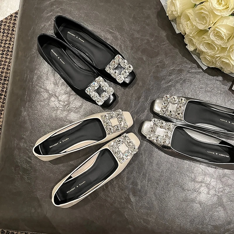 Black Satin Cloth Flats Shoes Woman Basic Sequined Rhinestones Crystal Diamond Buckle Flats Fashion Bridal Shoe Work Women Shoes