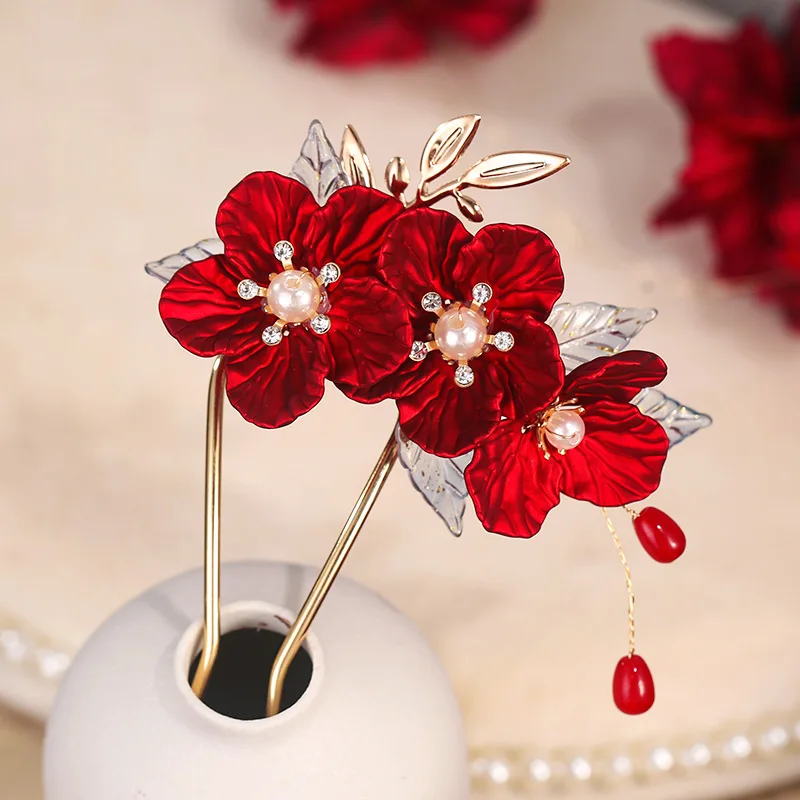 

Красный цветок палочка для волос головной убор женские жемчужные заколки для волос вилки винтажный головной убор ханьфу свадебные аксессуары для волос ювелирные изделия подарок