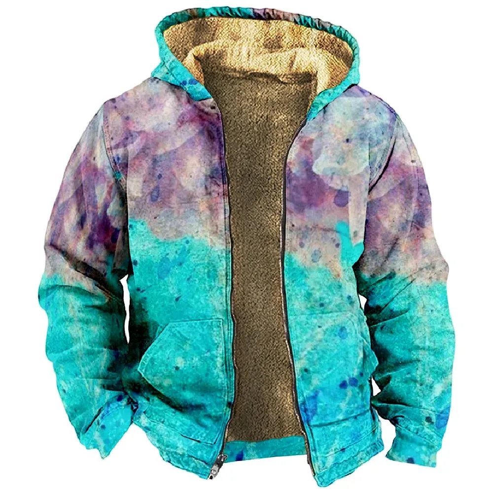 Winter Coats For Men Women Tie Dye Hoodie Long Sleeve Stand Collar Zipper Sweatshirt Fashion Clothes 2024