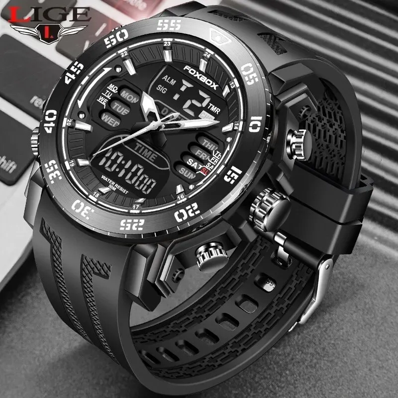 FOXBOX Military Dual Display Watch Outdoor Sport Large Dial Waterproof Quartz Watch Multifunction LED Digital Watches For Men