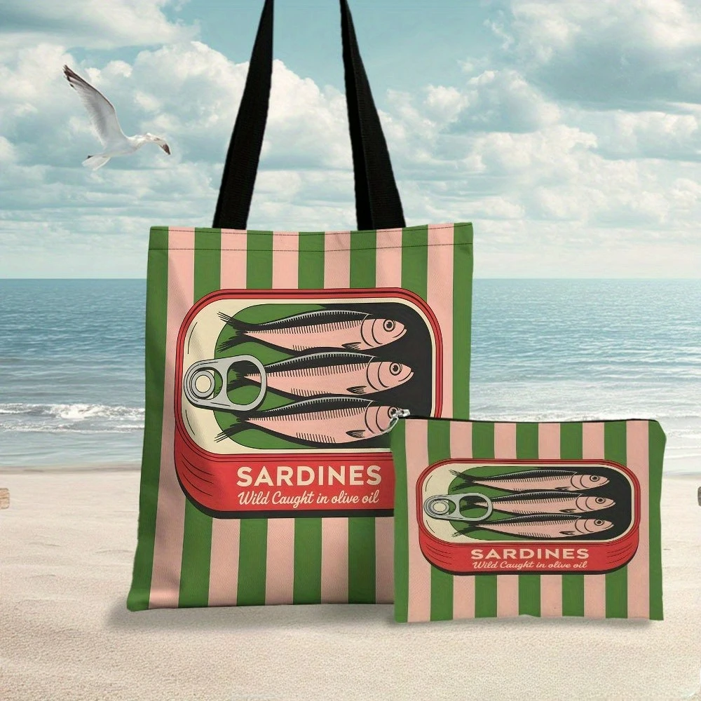 Bolsa de mano de delicia de aceite de oliva de sardinas, bolsa de playa con bolsa de maquillaje, bolsa de compras reutilizable elegante, bolso de hombro, bolsa de aseo de viaje