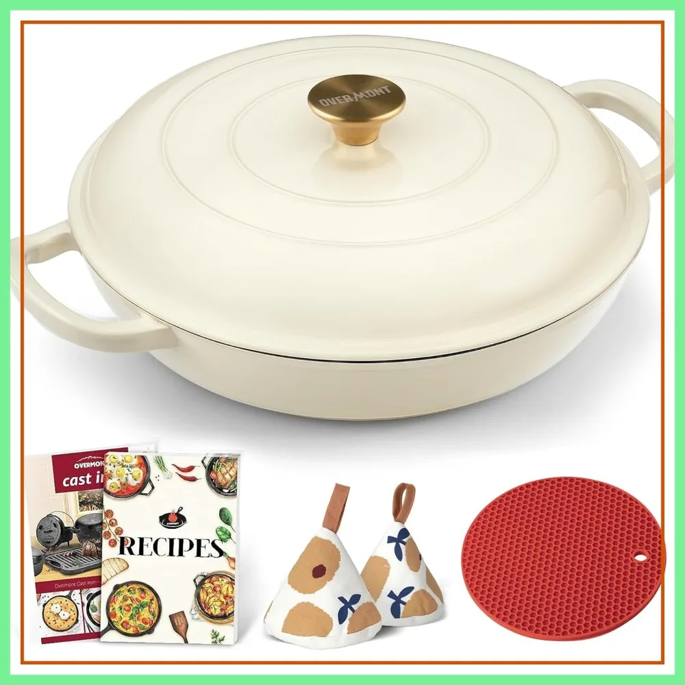 

3.8 Quart Enameled Cast Iron Dutch Oven with Lid, Shallow Braising Pan, Oven Safe to 500°F