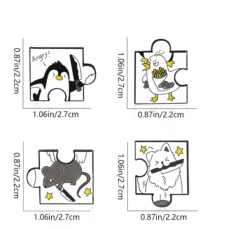 Creative Jigsaw Shape Design Enamel Brooch Cute Cartoon Animal Penguin Dog Knife Lapel Pin Badge Backpack Clothing Accessories