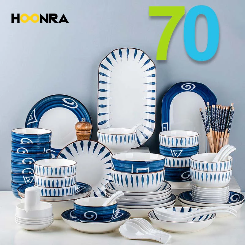 

HOONRA 70Pcs Ceramic Dinner Plate Set Porcelain Main Dish Serving Tray Dessert Salad Dishes Service For Restaurant Home