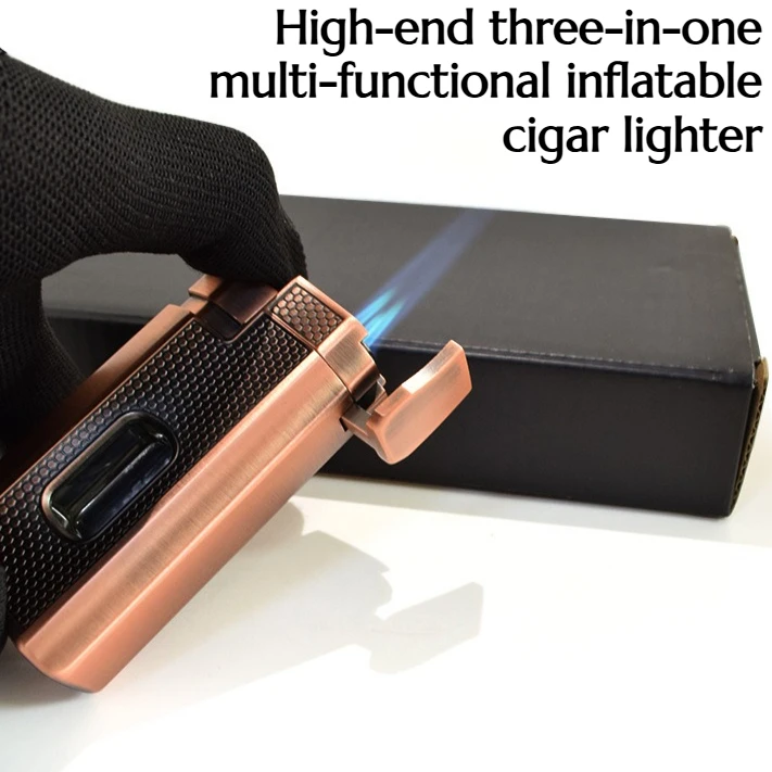 High-quality Three-in-one Multi-functional Inflatable Cigar Lighter Transparent Window Lid Three-burner Lighter Premium Gift