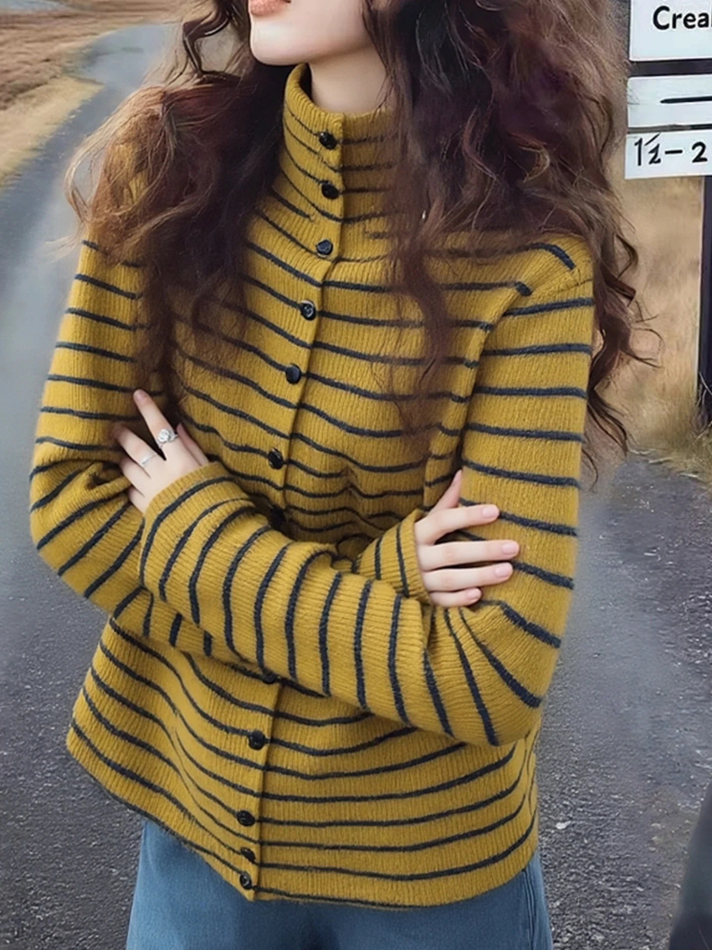 Retro Farbe Blo Gestreiften Hoher Kragen Lange Sve Gestrickte Offene Strickjacke Frauen Slim Fit Faionable Herbst Winter Top