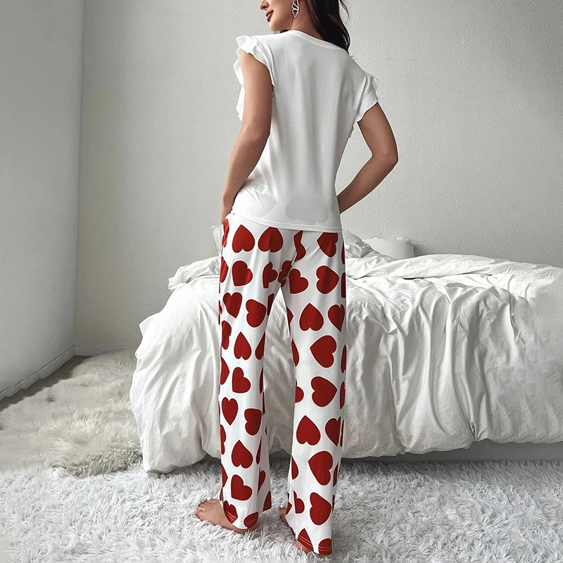 Autumn Women's Casual Heart Print Pajama Set Comfortable Short Sleeve Round Neck Top & Elastic Pants Sleepwear & Home Clothes