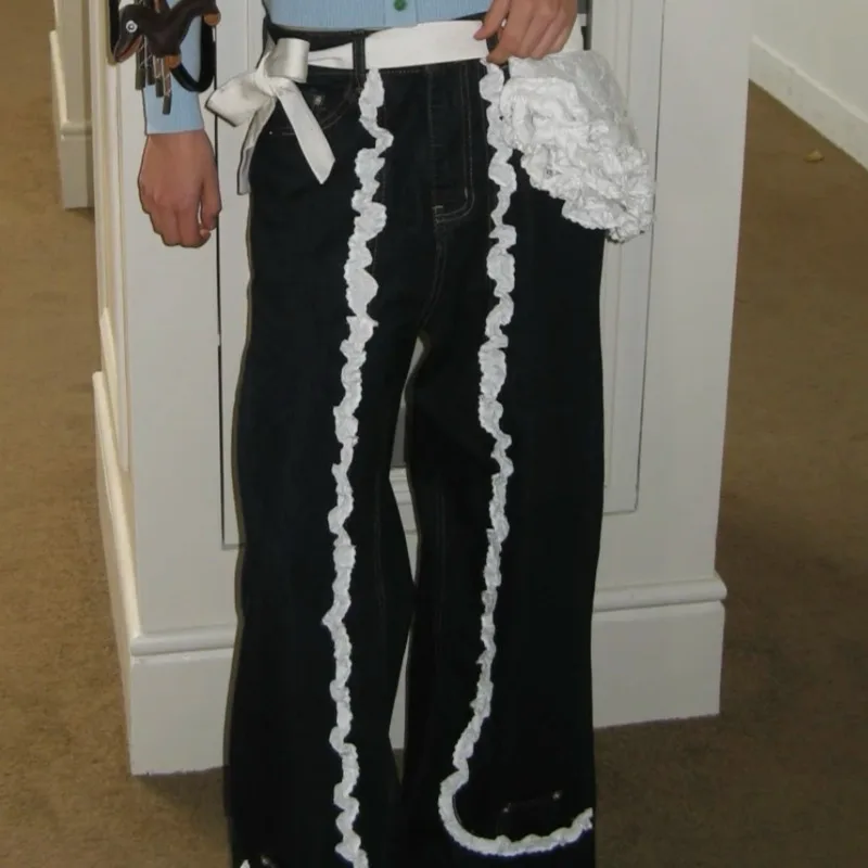 ANJY ฤดูใบไม้ร่วงใหม่ผู้หญิงหวานกางเกงยีนส์ Ruffles Patchwork DENIM Contrast สีตรง VINTAGE Elegant High Street Casual กางเกง A9604