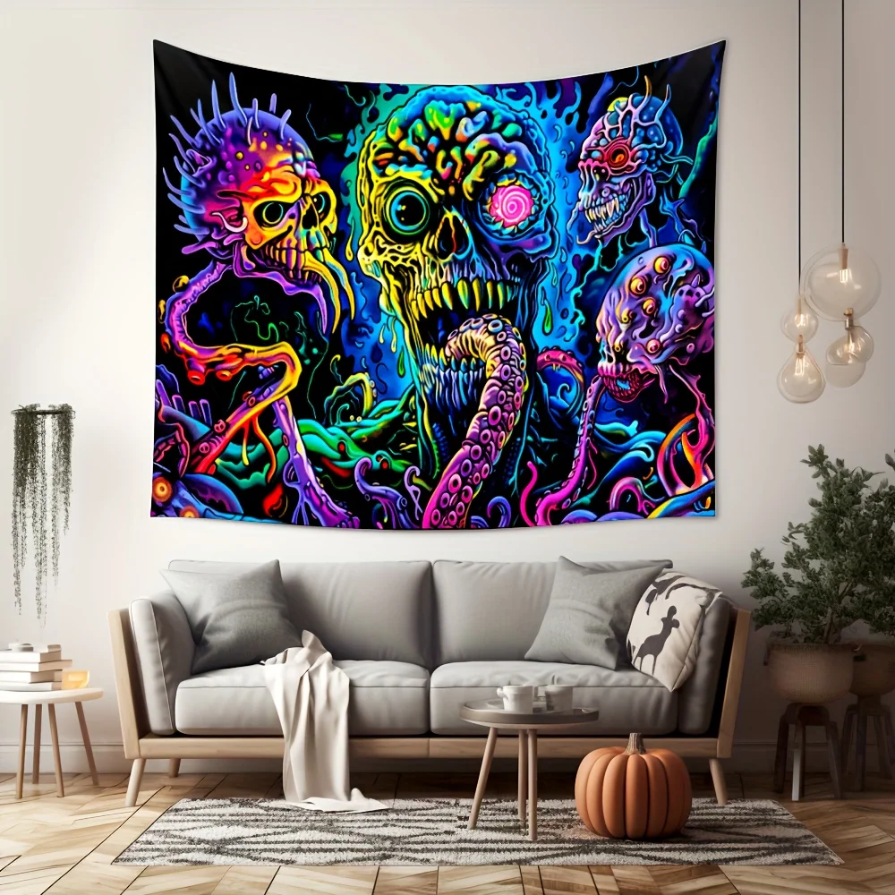 VIKAMA Halloween Gothic Wall Tapestry Colorful Psychedelic Cthulhu Octopus Skeleton Rainbow Tentacle Grotesque Horror Cloth