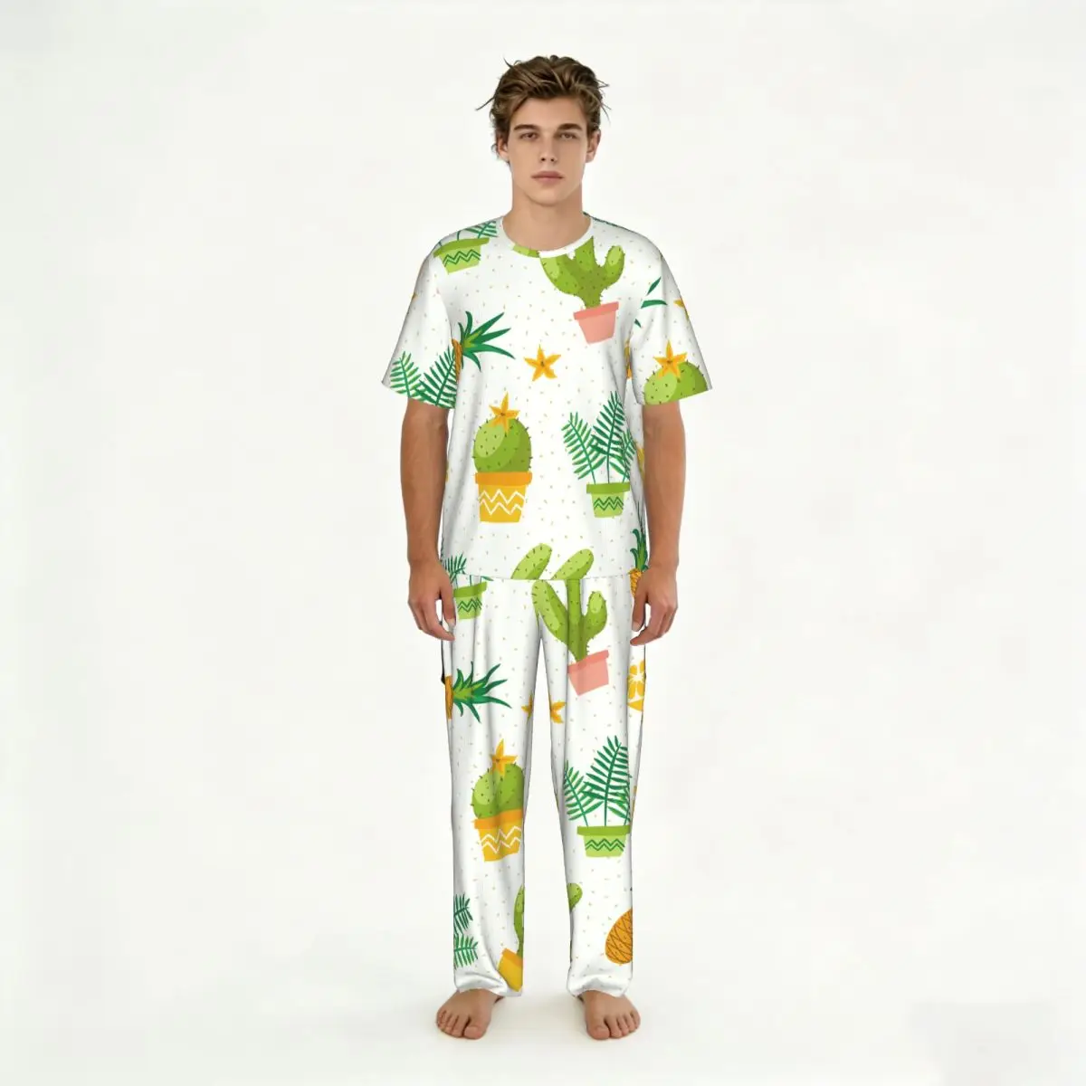 

Пижама для сна и дома, летняя/весенняя, с акварельным принтом кактусов и фруктов, с коротким рукавом и длинными брюками