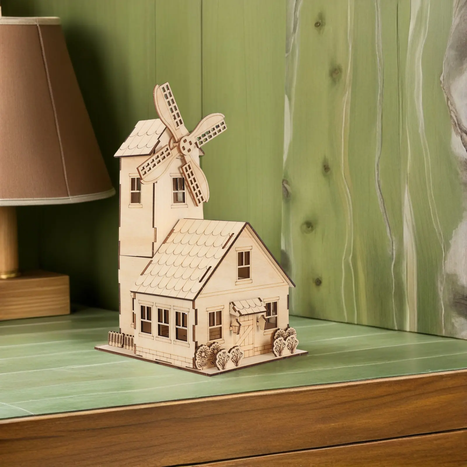 บ้านไม้สไตล์ยุโรป ชุดตัวต่อจิ๊กซอว์ งานฝีมือ โมเดลมิลล์กังหันลม ชุดประกอบ DIY