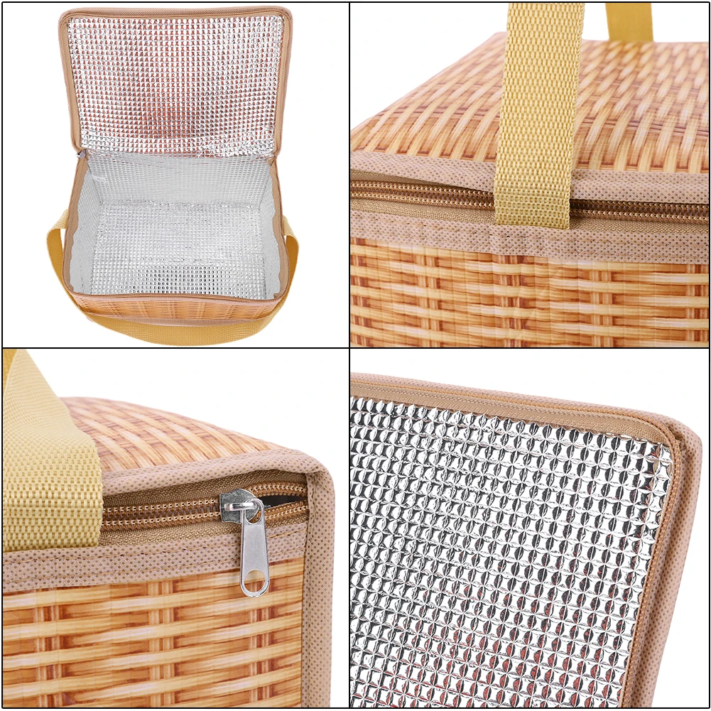 Portable Wicker Rattan Outdoor Picnic Bag Waterproof Tableware Insulated Thermal Cooler Food Container Basket for Home Camping